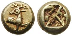 IONIA. Ephesus(?). Phanes. (ca. 620-600 BC). Electrum hecte (2.33 gm). Forepart of stag kneeling right, head reverted / Square incuse with irregular surface. Cf. Weidauer 35 (type left). Nearly extrem