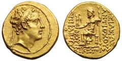 SELEUCID KINGDOM. Antiochus IV Epiphanes. (175-164 BC). Gold stater (8.53 gm). Antioch, ca. 169/8-164 BC. Diademed head of Antiochus IV right, with elevated gaze / [Β]ΑΣΙΛΕΩΣ ANTIOXOY ΘΕΟΥ ΕΠΙΦΑΝΟΥΣ Ν
