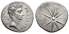 Augustus. (27 BC-14 AD). Silver denarius (3.86 gm). Spain, Ca. 17 BC. CAESAR AVGVSTVS, head right wearing oak wreath / DIVVS— IVLIVS across field, comet with eight rays and tail, the tail on the third