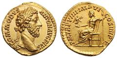 Commodus. (177-192 AD). Gold aureus (7.29 gm). Rome, 184 AD. M COMMODVS ANTON AVG PIVS, head laureate right / P M TR P VIIII IMP VI COS IIII P P, Jupiter seated left, holding Victory and scepter. BMCR