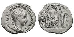 Gordian III. (238-244 AD). Silver antoninianus (4.06 gm). Antioch, 239 AD. IMP CAES M ANT GORDIANVS AVG, bust radiate, draped, cuirassed right / P M TR P II COS P P, Gordian, togate and bare-headed, h