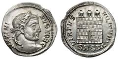 Maximinus II as Caesar. (305-308 AD). Silver argenteus (3.47 gm). Serdica, 305-306 AD. MAXIMI—NVS NOB C, head laureate right / VIRTVS MILITVM, three-turreted camp gate, arch open, no doors, •SM•SDΔ• i