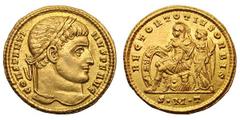 Constantine I. (307-337 AD). Gold solidus (4.43 gm). Ticinum, 315 AD. CONSTANTI—NVS P F AVG, head laureate right / RECTOR TOTIVS ORBIS, Constantine in military dress seated left on cuirass and two shi