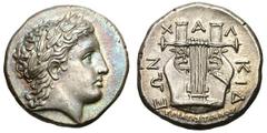 Macedonia. Chalcidian League. Silver tetradrachm (14.44 gm). Chalcidian League, Ca. 350 BC. Laureate head of Apollo right / X—A—Λ—ΚΙΔ—ΕΩΝ, cithara, below magistrate's signature ΕΠΙ ΑΡΙΣΤΩΝΟΣ. Robinson