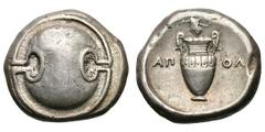 BOEOTIA. Thebes. Silver stater (12.10 gm). Boeotia. Thebes, Ca. 363-338 BC. Boeotian shield / Volute crater, vine with grapes above, moneyer's name ΑΠ—ΟΛ across fields. Hepworth 11. BMC Central Greece