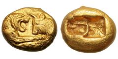 Lydian Kingdom. Croesus. (561-546 BC). Gold stater of the heavy standard (10.78 gm). . Forepart of roaring lion right confronting forepart of bull left / Two incuse punch marks. Traite I 396, pl. x, 1