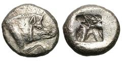 Lycia. Uncertain dynast. Silver stater (9.17 gm). Lycia. Uncertain dynast, Ca. 500 BC. Forepart of boar running right / Square incuse with irregular surface. SNG von Aulock 4043. SNG Copenhagen Suppl.