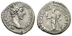 Commodus. (177-192 AD). Silver denarius (3.54 gm). Rome, 180 AD. M COMMODVS ANTONINVS AVG, head laureate right / LIB AVG V TR P VII IMP IIII COS III P P, Liberalitas standing left, holding coin counte