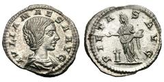 Julia Maesa, Grandmother of Elagabalus and Severus Alexander. (). Silver denarius (2.89 gm). Rome. IVLIA MAESA AVG, bust draped right / PIETAS AVG, Pietas, veiled, standing left, extending right hand 