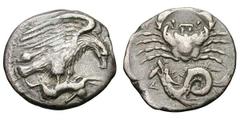 Sicily. Acragas. Silver drachm (2.01 gm, 1:30). Sicily, Akragas, Ca. 420-406 BC. Eagle with spread wings perched right on dead hare, barley grain above eagle's tail / A, crab, below sea monster left d