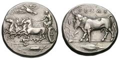 Sicily. Gela. Silver tetradrahcm (17.22 gm, 9:00). Sicily, Gela, Ca. 415-405 BC. ΓΕΛΩΙΩΝ (off flan), fast quadriga left in threequarter view, third horse with head turned back, eagle flying three-quar