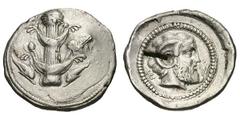 Cyrenaica. Euesperides. Ca. 480-435 BC. Silver tetradrachm (17.23 gm). Silphium plant, its base flanked by two dolphins / E—Y, head of Zeus Ammon right, with ram's horn, all within prominent dotted bo