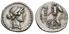 Octavian. Silver denarius (3.62 gm). Mint moving with Octavian, Italy or Cisalpine Gaul, 43 BC. Head of Venus right, her hair tied back in knot / Trophy of Gallic arms, chariot at base on left; on rig
