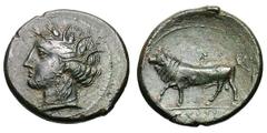Sicily. Solus. c. 1st half of 3rd century BC. AE 22, 9.71g. Obv: Head of Persephone left, wearing barley-wreath. Dotted border. Rx: Bull walking left, proudly raising its head. In exergue, kfr' in Pun