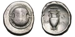 Boeotia. Thebes. Federal Coinage. c. 395-387 BC. Stater, 11.80g. Obv: Boeotian shield. Rx: ΒΟ-ΙΩ. Amphora, two ivy leaves and berry hanging from the right handle. Above, club left. All within shallow 