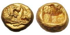 Kingdom of Lydia. Croesus. 555/4-541/0 BC. Twelfth-stater (hemihecton) of the heavy series, 0.89g. Lydia, Sardes, c. 550-530 BC. Obv: Confronted foreparts of lion facing right and bull facing left, ea