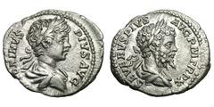 Caracalla and Septimius Severus. 198-217 AD. Denarius, 3.06g. Rome, 202 AD. Obv: ANTONINVS - PIVS AVG Bust of Caracalla laureate, draped right. Rx: SEVERVS PIVS - AVG P M TR P X Head of Septimius laur