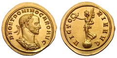 Carus. 282-283 AD. Aureus, 4.94g. Siscia. Obv: DEO ET DOMINO CARO AVG Bust laureate, draped, cuirassed right, seen from front. Rx: VICTO - RIA AVG Victory standing left on globe, holding wreath and pa