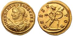 Carinus as Caesar. 282-283 AD. Aureus, 4.88g. Siscia. Obv: M AVR CARINVS NOB CAES Bust laureate, draped, cuirassed left, holding spear and shield, shield decorated with figure of emperor on horseback 