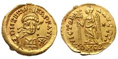 Odovacar, King of Italy, in the Name of Zeno. Solidus, 4.43g. Rome, c. 474-476 AD. Obv: D N ZENO P - ERP F AVG Pearl-diademed and helmeted bust facing, holding spear and shield. Rx: VICTORI - A AVGGG: