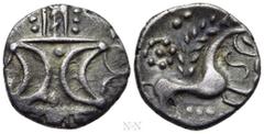 Celtic Coins WESTERN EUROPE. Britain. Iceni. Anted. Unit (Circa AD 1-25). Obv: Two opposed crescents, ornamented with pellets. Rev: Stylised horse right; pellet within pelleted ring to left; row of th