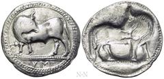 Greek Coins LUCANIA. Sybaris. Nomos - Stater (Circa 550-510 BC). Obv: Bull standing left, head right; V M in exergue. Rev: Incuse bull standing right, head left. HN Italy 1729; SNG ANS 828-44. The Gre