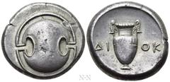Greek Coins BOEOTIA. Thebes. Stater (Circa 363-338 BC) Diok-, magistrate. Obv: Boeotian shield. Rev: ΔI - OK. Amphora. Hepworth 28; BCD Boiotia 550; HGC 4, 1334. Condition: Good very fine. Weight: 12.