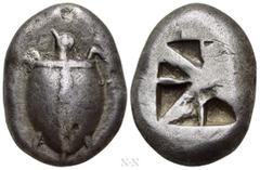 Greek Coins ATTICA. Aegina. Stater (Circa 550-530/25 BC). Obv: Sea turtle, head turned to left in profile. Rev: Deep incuse square with proto-“Union Jack” pattern. Meadows Group Ia; HGC 6, 424. Aegina