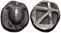 Greek Coins ATTICA. Aegina. Stater (Circa 480-457 BC). Obv: Sea turtle, head in profile, with ‘T-back’ design on shell. Rev: Square incuse with large skew pattern. SNG Copenhagen 507; SNG Delepierre 1