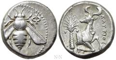 Greek Coins IONIA. Ephesos. Tetradrachm (Circa 340-325 BC). Klytios, magistrate. Obv: Ε - Φ. Bee. Rev: KΛYTIOΣ. Forepart of stag right, head left; palm tree to left. Künker E-68, lot 108; Solidus 21, 