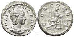 Roman Imperial Coins JULIA PAULA (Augusta, 219-220). Denarius. Rome. Obv: IVLIA PAVLA AVG. Draped bust right. Rev: CONCORDIA. Concordia seated left on throne, holding patera; star to left. RIC 211 (El