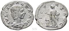 Roman Imperial Coins JULIA MAESA (Augusta, 218-224/5). Denarius. Rome. Obv: IVLIA MAESA AVG. Draped bust right. Rev: PIETAS AVG. Pietas standing left, holding box and dropping incense onto lighted alt
