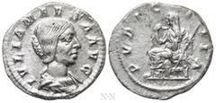 Roman Imperial Coins JULIA MAESA (Augusta, 218-224/5). Denarius. Rome. Obv: IVLIA MAESA AVG. Draped bust right. Rev: PVDICITIA. Pudicitia seated left on throne, drawing veil from face and holding scep