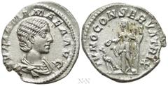 Roman Imperial Coins JULIA MAMAEA (Augusta, 222-235). Denarius. Rome. Obv: IVLIA MAMAEA AVG. Draped bust right. Rev: IVNO CONSERVATRIX. Juno standing left, holding patera and sceptre; to left, peacock