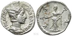 Roman Imperial Coins JULIA MAMAEA (Augusta, 222-235). Denarius. Rome. Obv: IVLIA MAMAEA AVG. Draped bust right, wearing stephane. Rev: VESTA. Vesta standing left, holding sceptre and patera. RIC 362 (