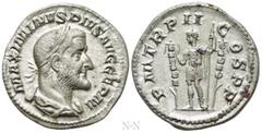 Roman Imperial Coins MAXIMINUS THRAX (235-238). Denarius. Rome. Obv: MAXIMINVS PIVS AVG GERM. Laureate, draped and cuirassed bust right. Rev: P M TR P II COS P P. Emperor standing left with spear, fla
