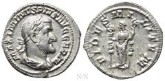 Roman Imperial Coins MAXIMINUS THRAX (235-238). Denarius. Rome. Obv: MAXIMINVS PIVS AVG GERM. Laureate, draped and cuirassed bust right. Rev: FIDES MILITVM. Fides standing left, holding signum in each