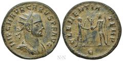 Roman Imperial Coins CARUS (AD 282-283). Antoninianus. Cyzicus. Obv: IMP C M AVR CARVS P F AVG. Radiate, draped and cuirassed bust right. Rev: CLEMENTIA TEMP / Є. Carus standing right, receiving Victo