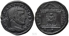 Roman Imperial Coins MAXENTIUS (307-312). Follis. Rome. Obv: IMP C MAXENTIVS P F AVG. Laureate head right. Rev: CONSERV VRB SVAE / H / RP. Roma seated within hexastyle temple, holding globe and sceptr