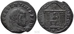 Roman Imperial Coins MAXENTIUS (307-312). Follis. Rome. Obv: IMP C MAXENTIVS P F AVG. Laureate head right. Rev: CONSERV VRB SVAE / RBT. Roma seated within hexastyle temple, holding globe and sceptre, 