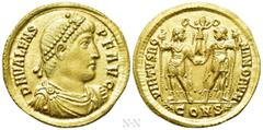 Roman Imperial Coins VALENS (364-378). GOLD Solidus. Constantinople. Obv: D N VALENS P F AVG. Pearl-diademed, draped and cuirassed bust right. Rev: VIRTVS ROMANORVM / (palm) CONS (palm). Valens and Va