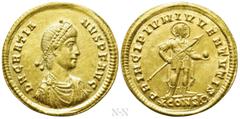 Roman Imperial Coins GRATIAN (367-383). Gold Solidus. Constantinople. Obv: D N GRATIANVS P F AVG. Pearl-diademed, draped and cuirassed bust right. Rev: PRINCIPIVM IVVENTVTIS / (star) CONS (wreath). Gr