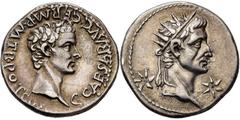 RÖMISCHE MÜNZEN RÖMISCHE MÜNZEN, RÖMISCHES KAISERREICH CALIGULA UND AUGUSTUS. 37-, Lugdunum.Denar. C CAESAR AVG GERM P M TR POT COS Bloßer Kopf des Caligula r. Rs: Kopf des Divus Augustus mit Strahlen
