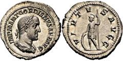 RÖMISCHE MÜNZEN RÖMISCHE MÜNZEN, RÖMISCHES KAISERREICH GORDIANUS II. AFRICANUS. 238-, Denar. IMP M ANT GORDIANVS AFR AVG Belorbeerte, drapierte und gepanzerte Büste r. R: VIRTVS AVGG Virtus steht l. m