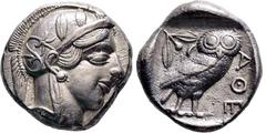 GRIECHISCHE MÜNZEN, GRIECHISCHES MUTTERLAND, ATTIKA, ATHEN. Tetradrachme. 479-404. Behelmter Athenakopf r. Rs: Eule r., dahinter Olivenzweig und Mondsichel. SNG COP. 32 ff. Svoronos Taf. 12-16. 17.06g