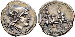 RÖMISCHE REPUBLIK, ANONYM Apulien.Quinar. 211/210. Behelmter Romakopf r. Rs: Dioskuren reiten r. mit eingelegten Lanzen. Monogramm. Syd. 183. RRC 103, 2a. 2.11g, Schöne Tönung. Hohes Relief. RR vz Ex 