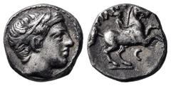 GRIECHISCHE MÜNZEN, GRIECHISCHES MUTTERLAND, KÖNIGREICH MAKEDONIEN PHILIPPOS II. 359-336, Amphipolis.Hemidrachme. Apollokopf mit Taenie r. Rs: Reiter r., Beizeichen Mondsichel. Le Rider Pl. 46, 25. Rs
