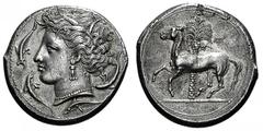 Tetradrachme. Ca. 350-300. Persephone-Tanitkopf mit Ährenkranz, Ohr- und Halsschmuck l. umgeben von 4 Delphinen. Rs: Pferd l., im Hintergrund Dattelpalme. Jenkins III, 141. 16,8g. Vs. Kratzer. Rs. min