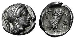 ATHEN. Drachme. 479-393. Behelmter Athenakopf r. Rs: Eule r., dahinter Olivenzweig. SNG COP. 41 ff. 4,23g. Hohes Relief. fast vz