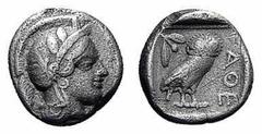 ATHEN. Drachme. 479-393. Behelmter Athenakopf r. Rs: Eule r., dahinter Olivenzweig. SNG COP. 41 ff. 4,01g. L. korrodiert. Feine Kratzer. ss